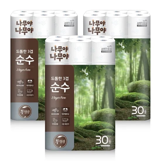 나무야나무야 도톰한3겹 순수 27m 30롤 x 3팩 (90롤)