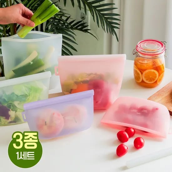 릴리브 이중잠금 실리콘 지퍼백 3종세트(500ml+1000ml+1500ml)
