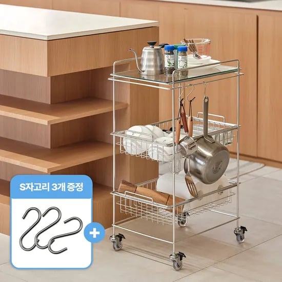 국내생산 비블레스 오로라  304 스텐 이동식 3단 바스켓 트롤리 풀세트