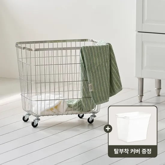 플레인 스텐 빨래 바구니 이동식 세탁 바스켓 철제 틈새 수납 트롤리