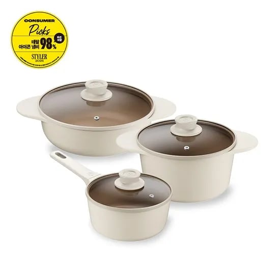 인덕션 아이콘 세라믹 오트밀크 냄비 3종(편수18+양수20+전골24)
