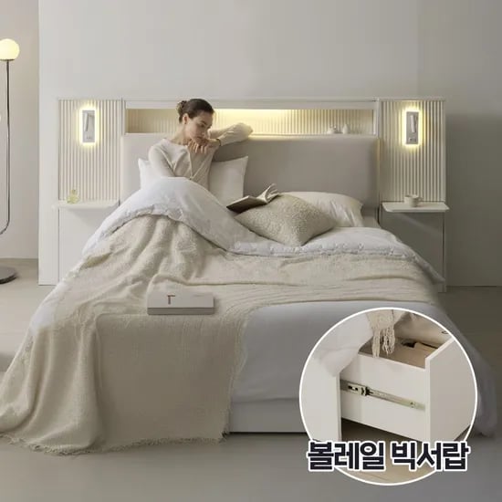 희망일&내일설치/ 루카 LED 패브릭 볼레일 빅수납 침대 프레임 무헤드/헤드, SS/Q