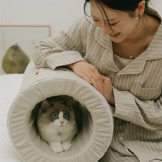 우드 프레임 원형 터널쿠션 (4colors) 고양이 숨숨집 캣터널 등받이 반려묘 펫가구