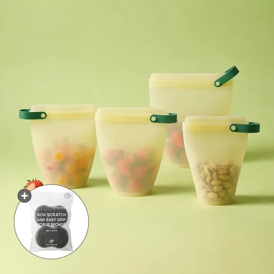 바로한끼 실리콘 지퍼백 컵형 4P세트(400ml+700ml*2+1.1L)+수세미증정