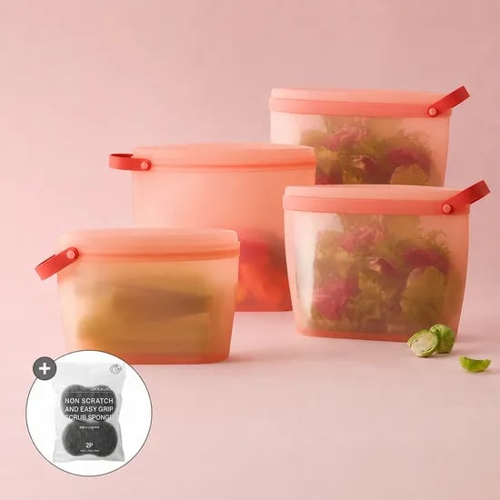 바로한끼 실리콘 지퍼백 와이드형 4P세트(800ml+1.3L*2+2.2L)+수세미증정