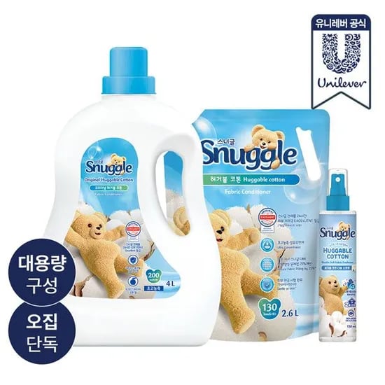 스너글 초고농축 허거블코튼 섬유유연제 대용량 세트 4L+2.6L+탈취제 150ml