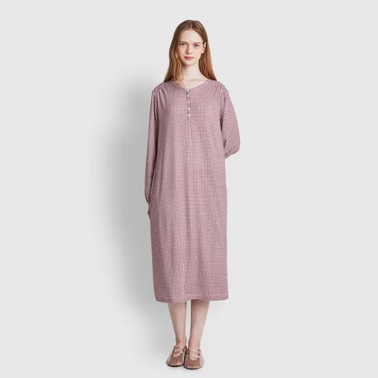여 피치스킨 헨리넥 파자마 원피스 (3 sizes)(3 colors)