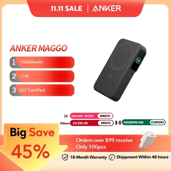 Anker MagGo 트럼프 스타일 보조배터리, Qi2 인증, 15W 초고속 MagSafe 휴대용 충전기10,000mAh($49.25,무료)