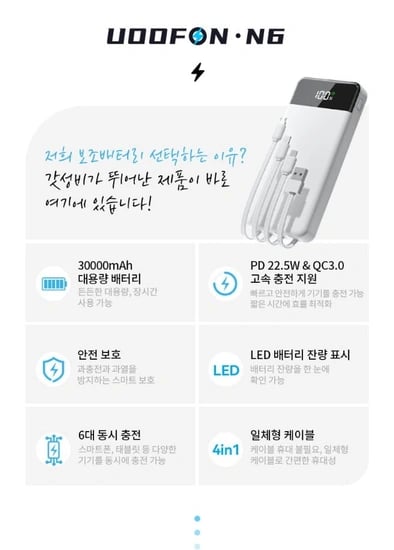 UOOFON 고속충전 대용량 보조배터리 30000mAh(24,900원/무배)4
