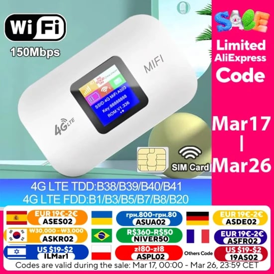 4G LTE 라우터 무선와이파이 휴대용모뎀 미니 야외 핫스팟 포켓($10.68/무료)