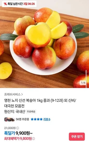 노지 신선 복숭아 1kg 중과 (9-12과) (9,800원/무료)