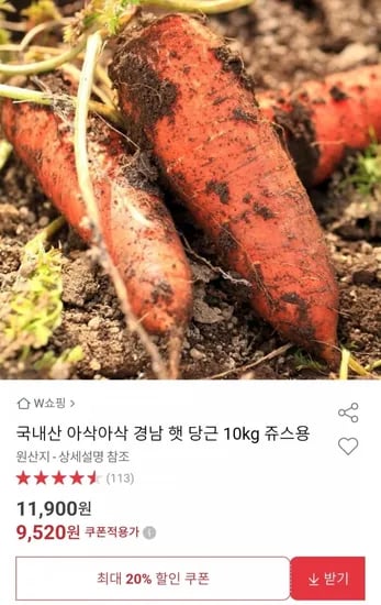 국내산 아삭아삭 경남 햇 당근 10kg 쥬스용 (9,520원/무배)3