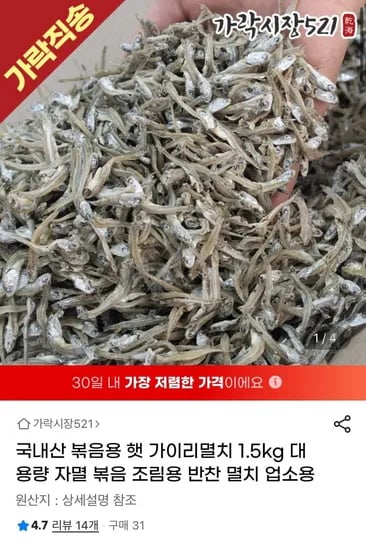 볶음용 햇 가이리멸치 1.5kg (19,530원/무배)