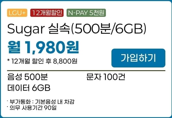500분, 6GB(1,980원/12개월)1