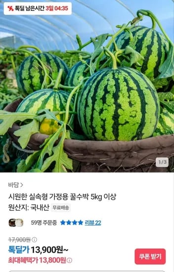 가정용 꿀수박 5kg 이상 (13,900원/무배)15