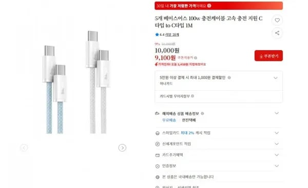 5개 베이스어스 100w 충전케이블 고속 충전 지원 C타입 to C타입 1M (9,100원/무료)2