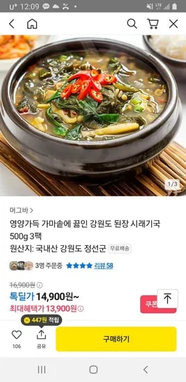 영양가득 가마솥에 끓인 강원도 된장 시래기국 500g 3팩 ( 13,900원 /무료)