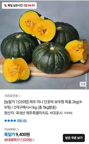 제주 미니 단호박 특품 2kg (7,020원/무료)