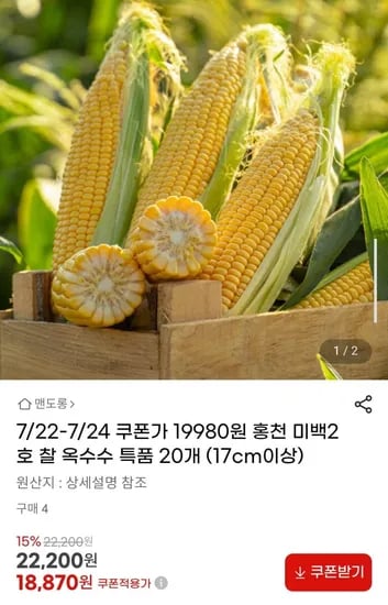 홍천 찰옥수수 특품 20개 (18,870원/무료)7