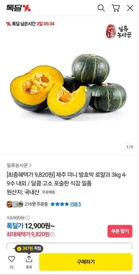 제주 미니 밤호박 로얄과 3kg 4-9수 내외 (9,820원/무료)