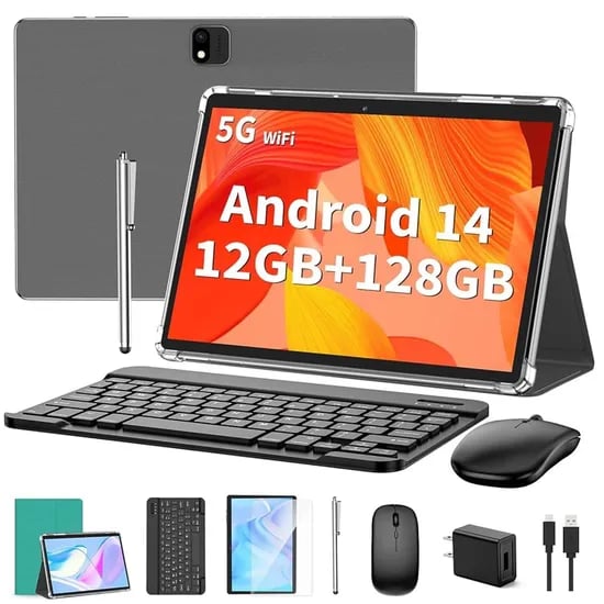 QDDQ 키보드가 있는 안드로이드 태블릿, 안드로이드 14 태블릿, 12(6+6) GB+128GB, 1TB 확장, 2 in 1, 마우스, 스타일러스, 8000mAh8