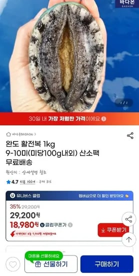 완도 활전복 1kg 9-10미 (18,980원/무료)2