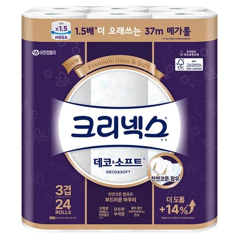 크리넥스 데코&소프트 천연펄프 고급롤화장지 37m 24개입