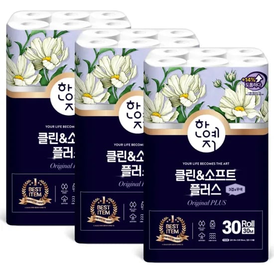 천연펄프 3겹 화장지 30m 30롤 3팩(22,297원/무배)/베이킹소다 액체 세탁세제 2.5L x 5개(5,621원/무배)1