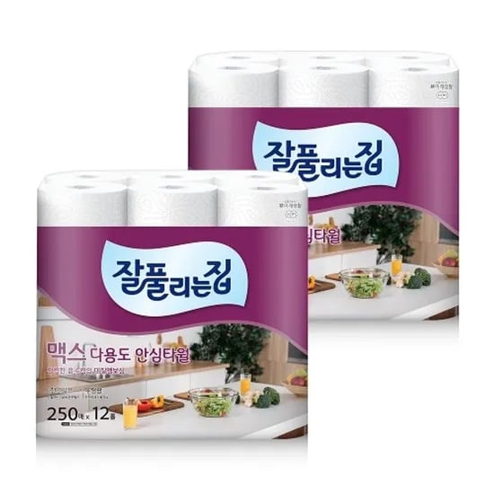 잘풀리는집 맥스 다용도 키친타월 250매 12롤 2팩