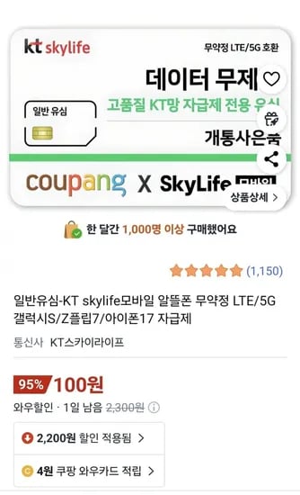 kt skylife 일반 유심 100원