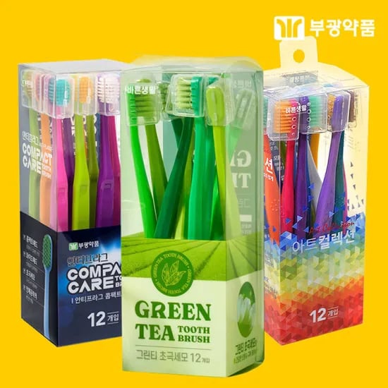 부광 바른생활 얇은헤드 칫솔 초극세모 12입 아트컬렉션 12입 그린티 12입