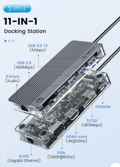 오리코 알루미늄 오디오 USB VGA 4K HDMI PD100W 투명 멀티허브