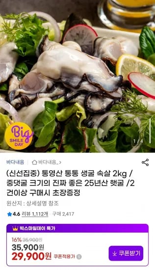 통영산 생굴 햇굴 속살 2kg 중댓굴 크기