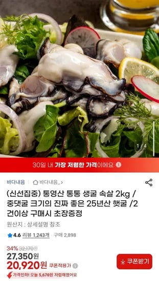 통영산 통통 생굴 속살 20kg