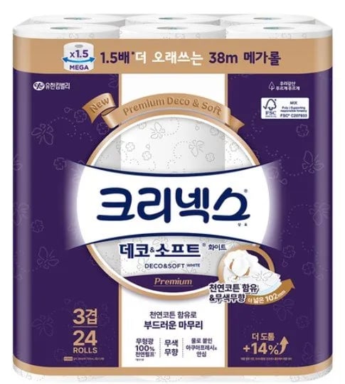 크리넥스 데코 앤 소프트 화이트 천연펄프 3겹 고급롤화장지 38m 24개입