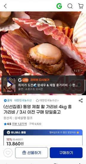 통영 제철 활 가리비 4kg 홍가리비