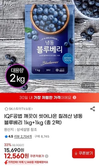 IQF공법 칠레산 냉동블루베리 1kg+1kg 총2팩