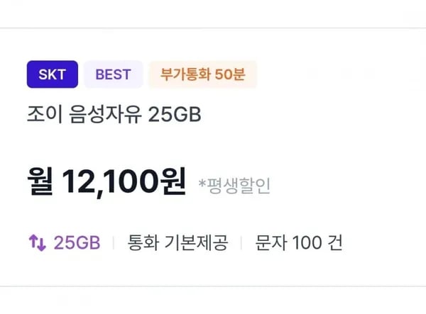 통화 기본 데이터 25GB 12100원 평생