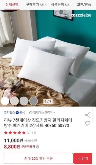 진드기방지 알러지케어 방수 베개커버 2장세트