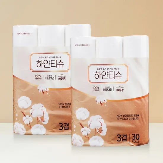 하얀티슈 3겹 천연펄프 화장지 30M x 30롤 2팩