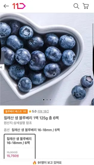 칠리산 생 블루베리 6팩 (5,750원 / 무배)1