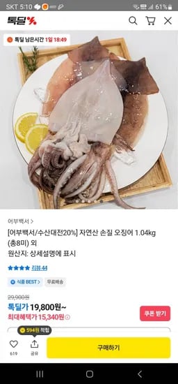 자연산 손질 오징어 1.04kg (총8미) 외  19800원