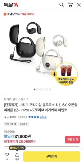 브리츠 오픈형 블루투스 이어폰 BZ-HPro (28,095원/무배)1