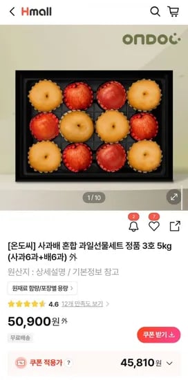 사과배 혼합 과일선물세트 정품 3호 5kg(사과6과+배6과) (롯카) (43,520원/무료)