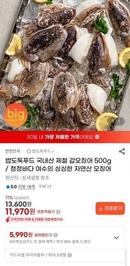 국내산 제철 갑오징어 500g (11,970/무료)