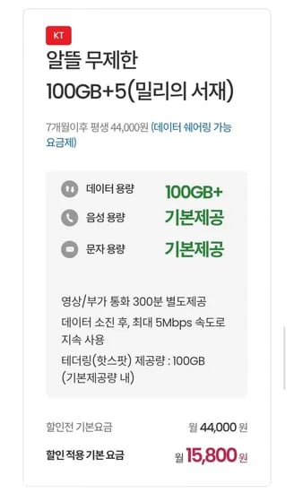 100GB+ 테더링 100GB + 밀리의서재 + 바로유심 2만(월15,800/무료)