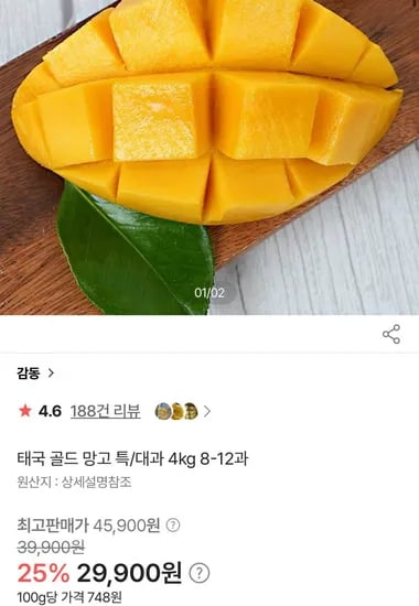 태국 골드 망고 특/대과 4kg 8-2과 (29,900원/무료)1