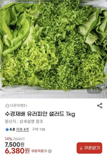 유러피안 샐러드 1kg (6,380원/무료)