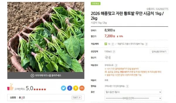 2026 해풍맞고 자란 황토밭 무안 시금치 1kg / 2kg  7,200원 [ 무료배송]