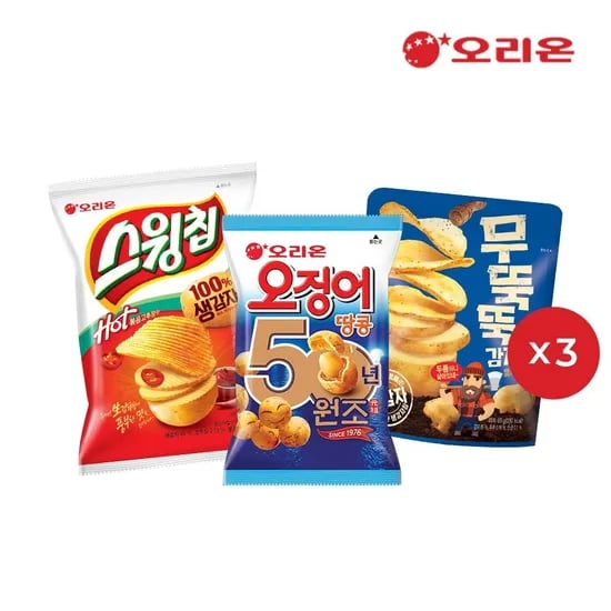오징어땅콩 98g 3개 + 스윙칩 60g 3개 + 무뚝뚝감자칩 60g 3개 (1,130원/무료)1